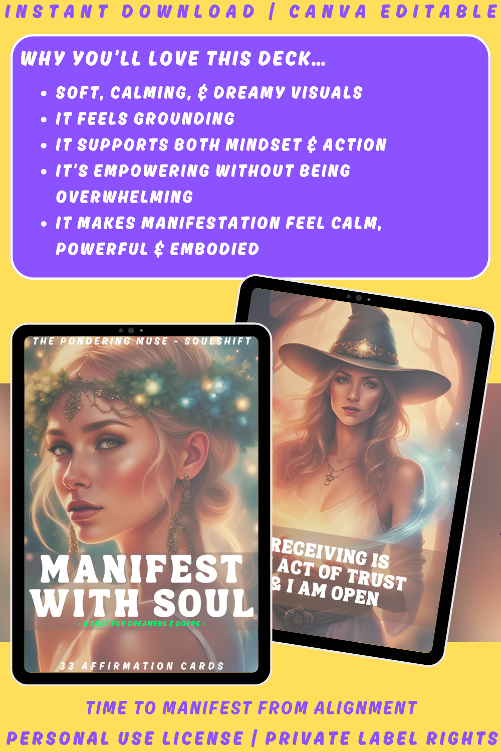 Promotional graphic for 'Manifest with Soul' affirmation cards from the SOulshift collection. Available in personal use license and private label rights. image explaining why you'll love this deck