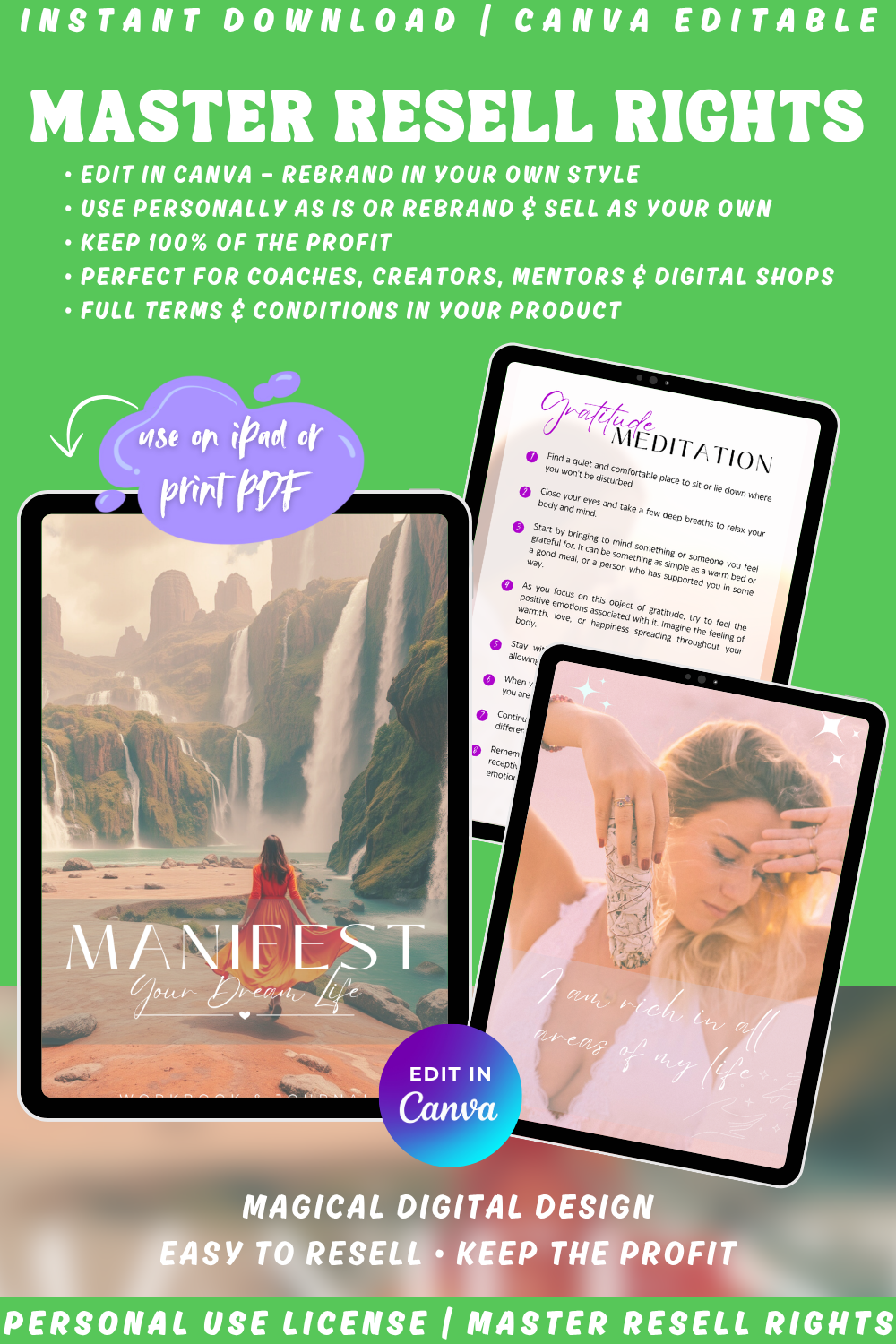 "Manifest your dream life" workbook & journal - easy to edit in Canva for the licenses private label rights and master resell righs. Also available in personal use license. 