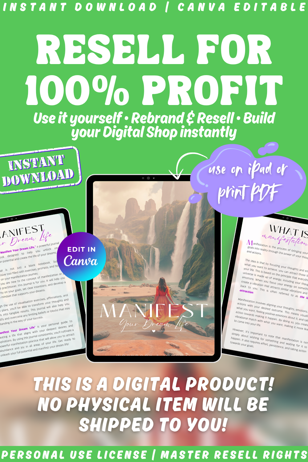 Digital product packaging displaying the workbook and journal 'Manifest Your Dream Life'. Available in PLR and MRR to resell and keep 100% of the profits. Build your digital shop instantly. 