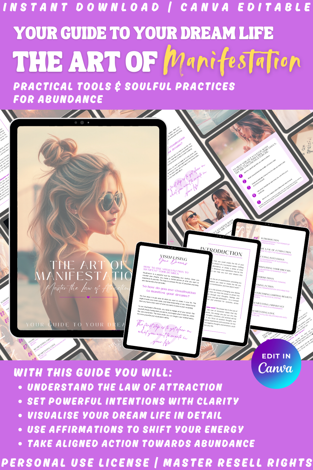 Promotional graphic for 'The Art of Manifestation' guide with a woman's face and text about PLR and MRR. WIth this guide you will understand the law of attraction so you can create your dream life.