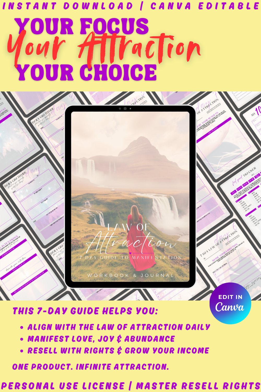 Instant download. This 7-day Law of attraction guide will help you align with manifestation daily, and let you manifest love, joy and abundance. Available with personal use license, private label rights or master resell rights. 