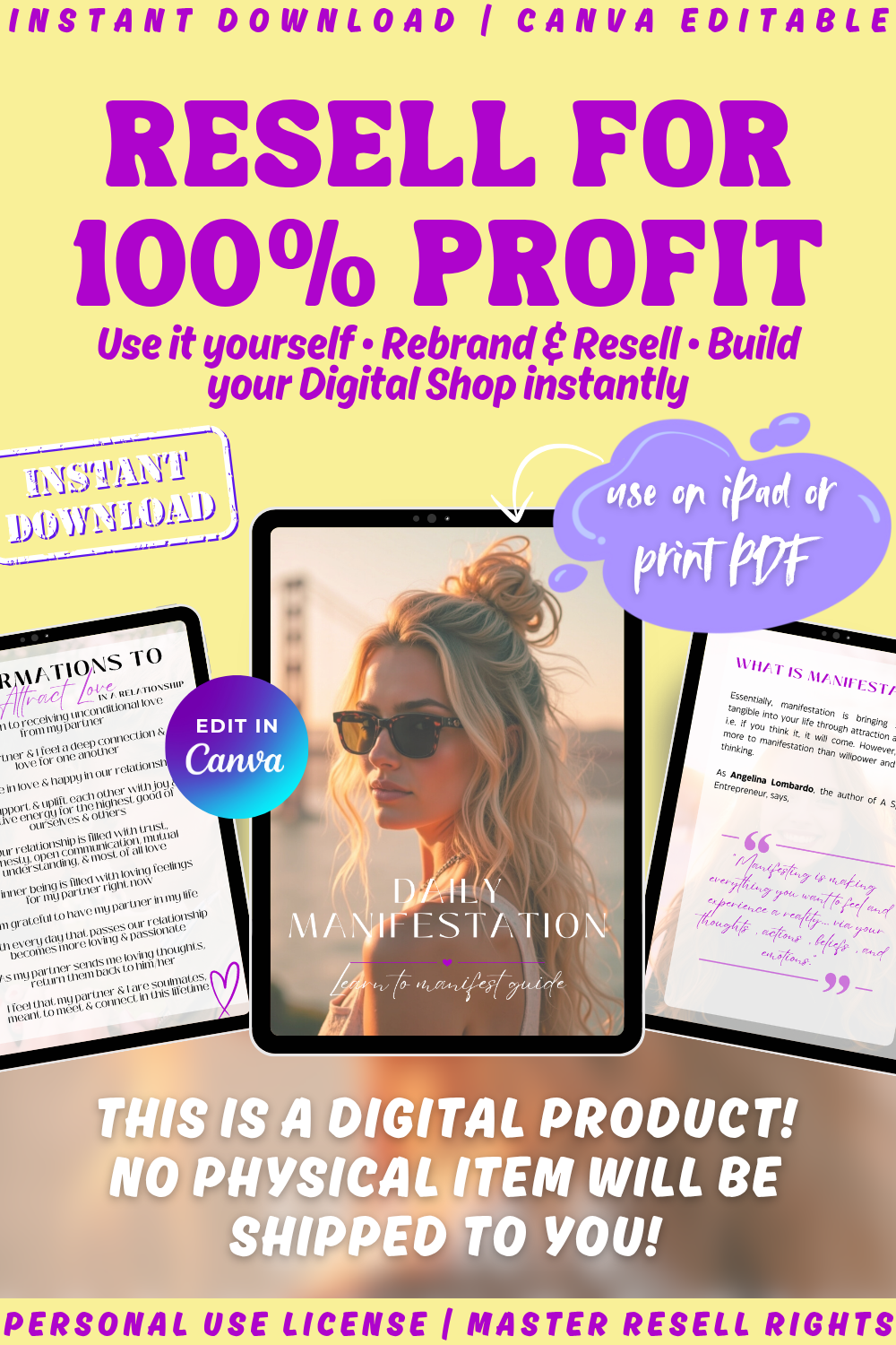 Digital product promotion of the "Daily Manifestation - Learn to manifest" guide and workbook. This is a digital product and nothing will be shipped to you. Instant download. 