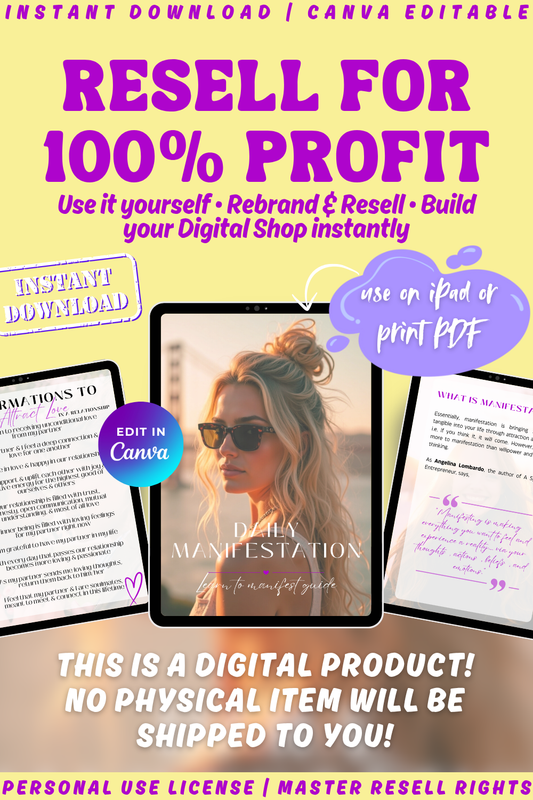 Digital product promotion of the "Daily Manifestation - Learn to manifest" guide and workbook. This is a digital product and nothing will be shipped to you. Instant download. 