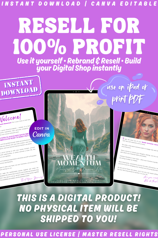 Digital product "Wealth momentum - manifest your dream life - transform your vision into reality - fuel your wealth in 14 days". Available in personal use license, private label rights, and master resell rights. 