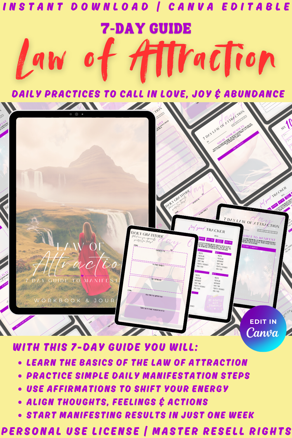 Promotional graphic for a 7-Day Guide to the Law of Attraction manifestation workbook. With this guide you will learn the basics of the law of attraction and can start manifesting results in just one week. Available in personal use license, private label rights, or master resell rights. 