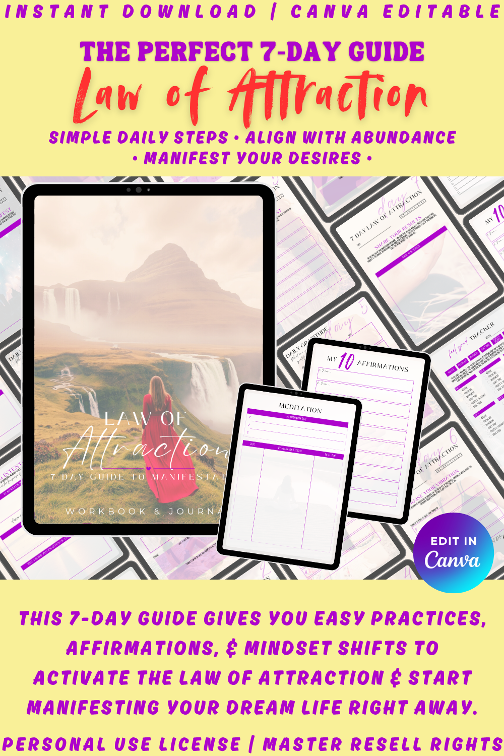 Promotional graphic for a 7-day Law of Attraction guide to abundance. Manifest your dream life. The cover sits on top of smaller previews of the workbook's pages. Available in different licenses - personal use, private label, master resell. 