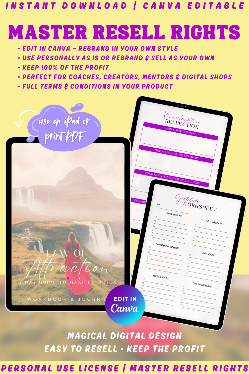 Previews of the 7 day Law of attraction manifestation guide and workbook. Available in personal use license, private label rights, master resell rights. It's a digital download. If bought with PLR or MRR you can edit in Canva, rebrand and resell. 