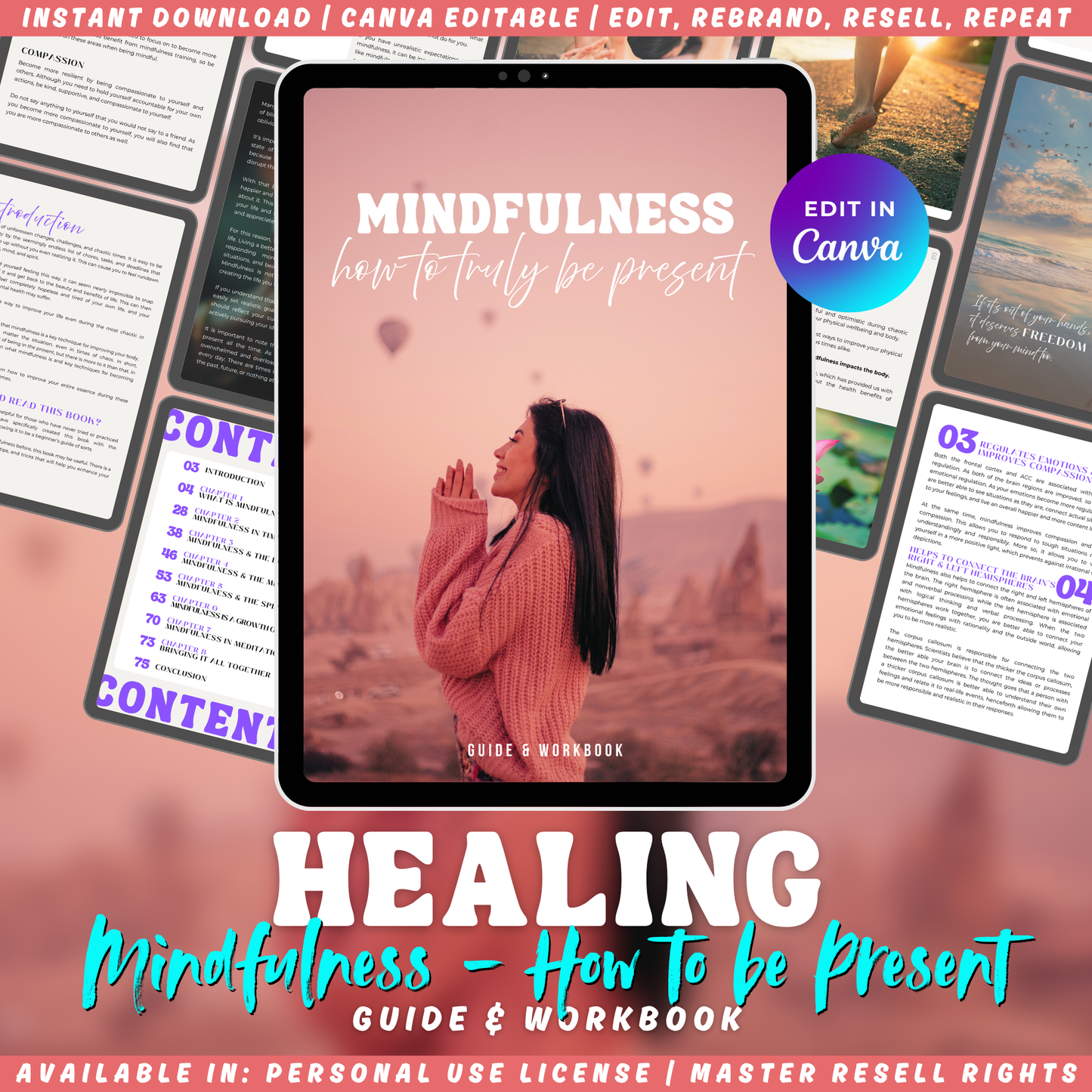 Digital product "Mindfulness - how to truly be present" guide and workbook for healing. The cover's featuring a woman in with air baloons in the background. 