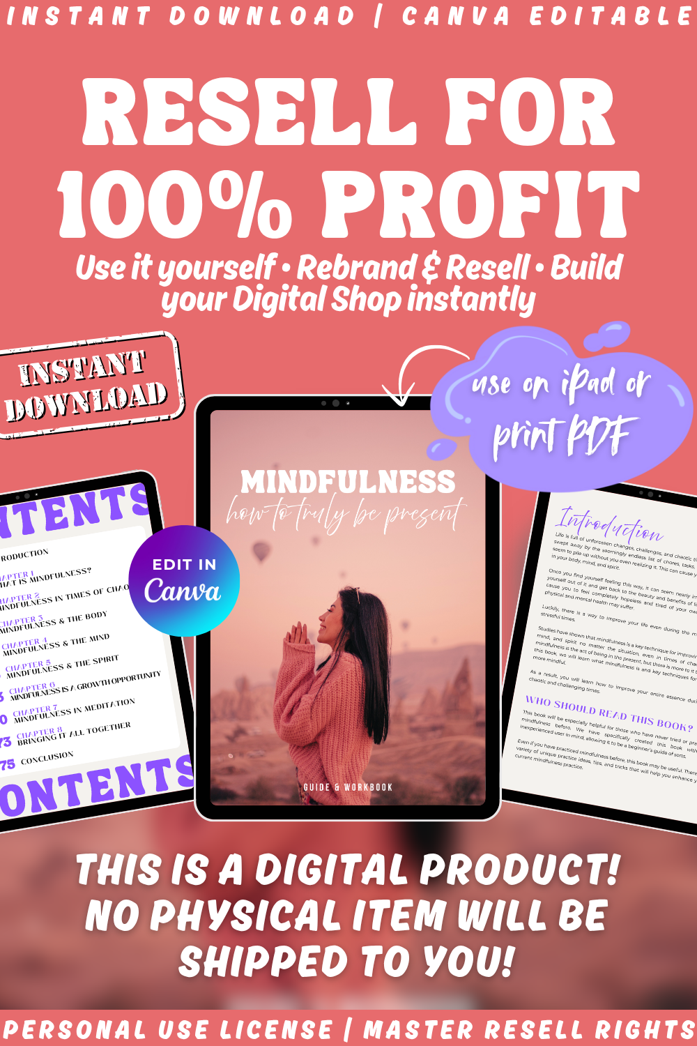 Guide and workbook "Mindfulness - how to truly be present". Available in personal use license, private label rights, and master resell rights. instant download.