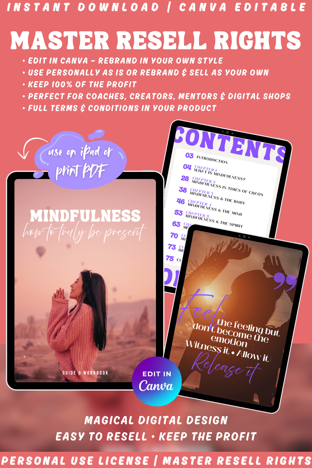 "Mindfulness - how to truly be present" guide and workbook with private label rights and master resell rights. Digital design, editable in canva. 