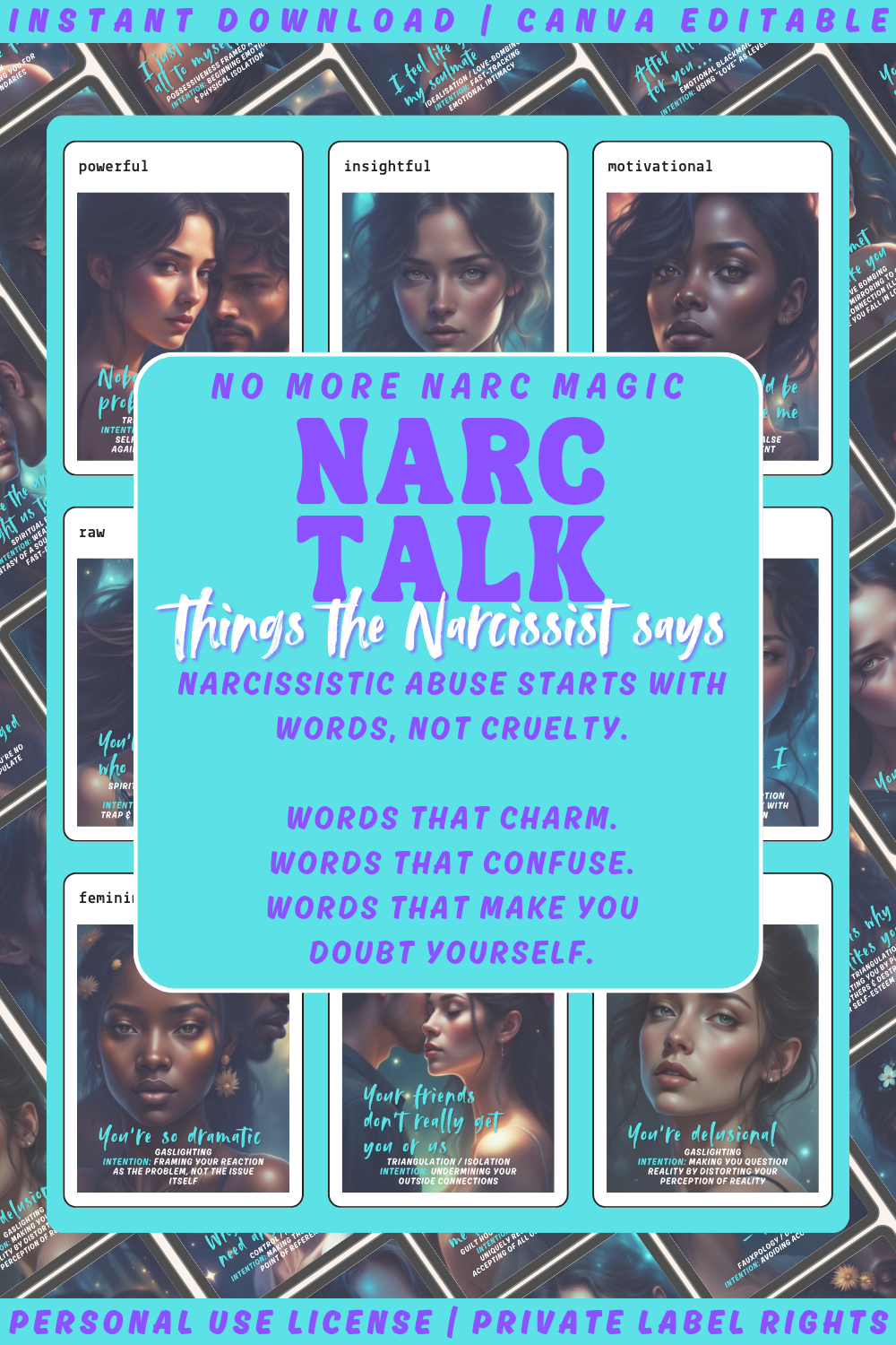 Promotional graphic and collage of 'Narc Talk - things the narcissist says - 44 warning cards for the narc talk red flags'. available in personal use license and private label rights.