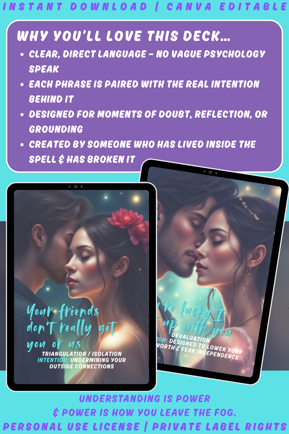 Promotional graphic explaining why you'll love this deck 'Narc Talk - things the narcissist says - 44 warning cards for the narc talk red flags'. available in personal use license and private label rights.