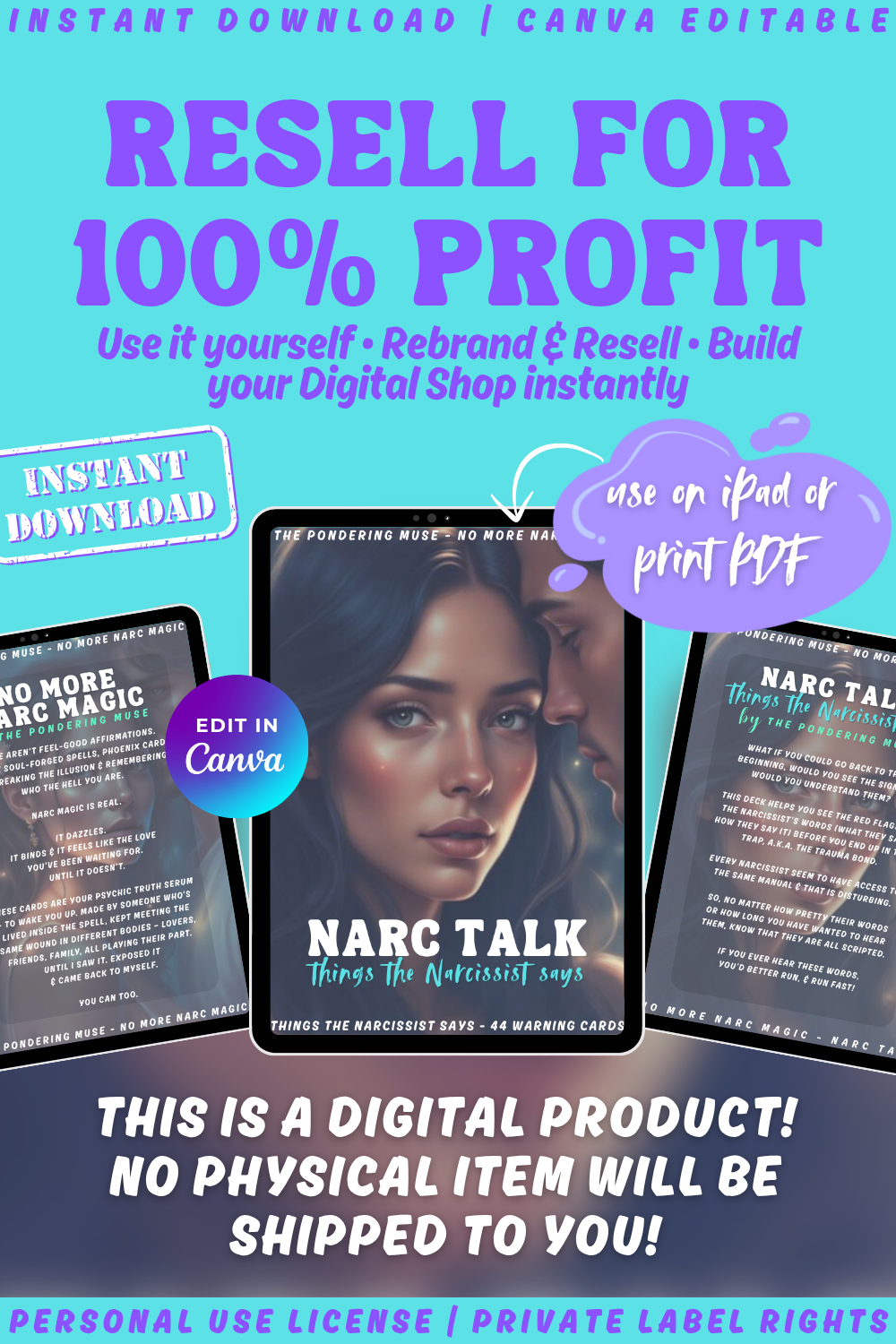 Promotional graphic for 'Narc Talk - things the narcissist says - 44 warning cards for the narc talk red flags'. available in personal use license and private label rights to resell for 100% profit.