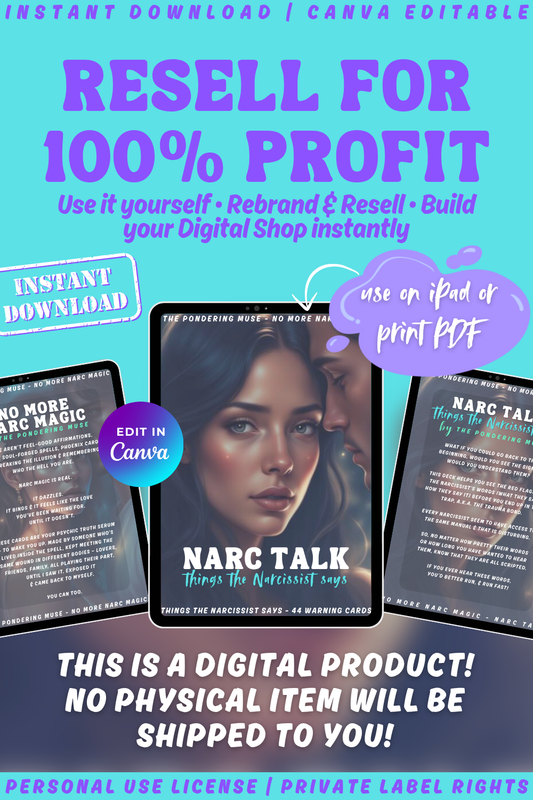 Promotional graphic for 'Narc Talk - things the narcissist says - 44 warning cards for the narc talk red flags'. available in personal use license and private label rights to resell for 100% profit.