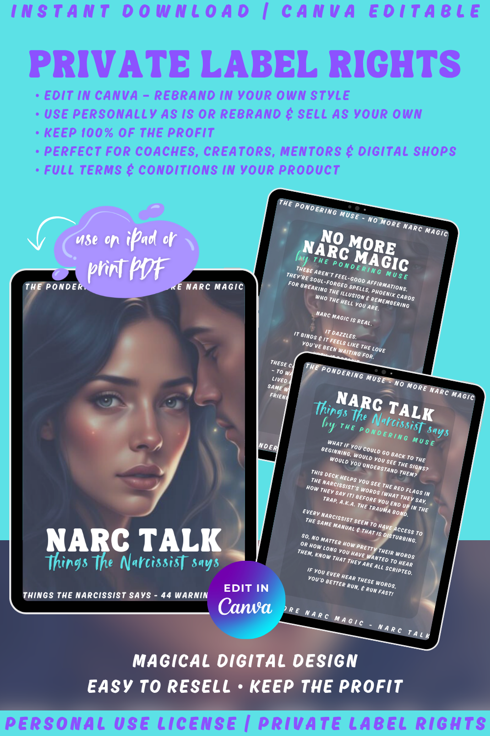 Promotional graphic for 'Narc Talk - things the narcissist says - 44 warning cards for the narc talk red flags'. available in personal use license and private label rights to resell for 100% profit.