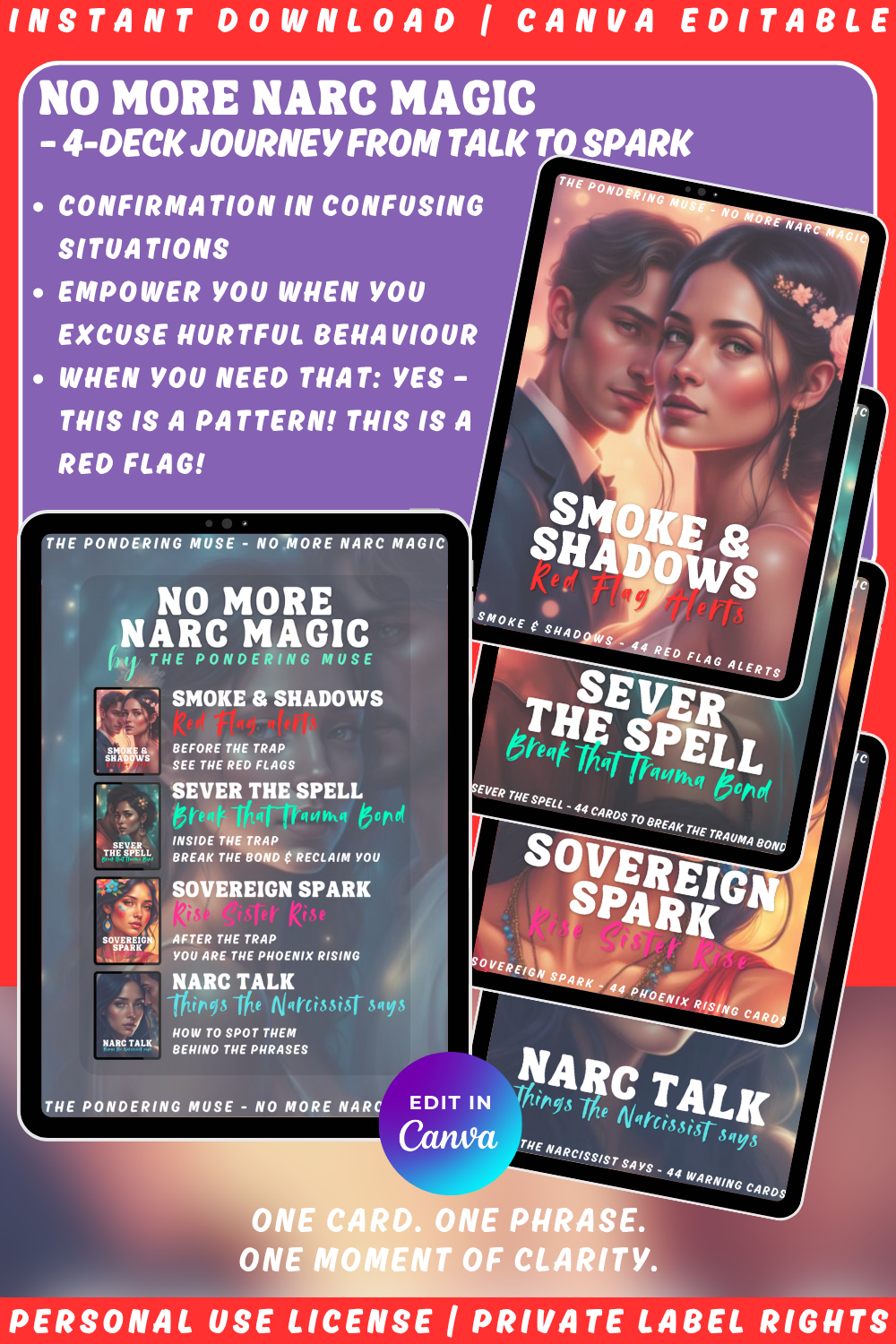 Promotional graphic for 'No more narc magic' an affirmation card series consisting of 4 decks: Narc talk, smoke & shadows, sever the spell, and sovereign spark. available in personal use license and private label rights. 