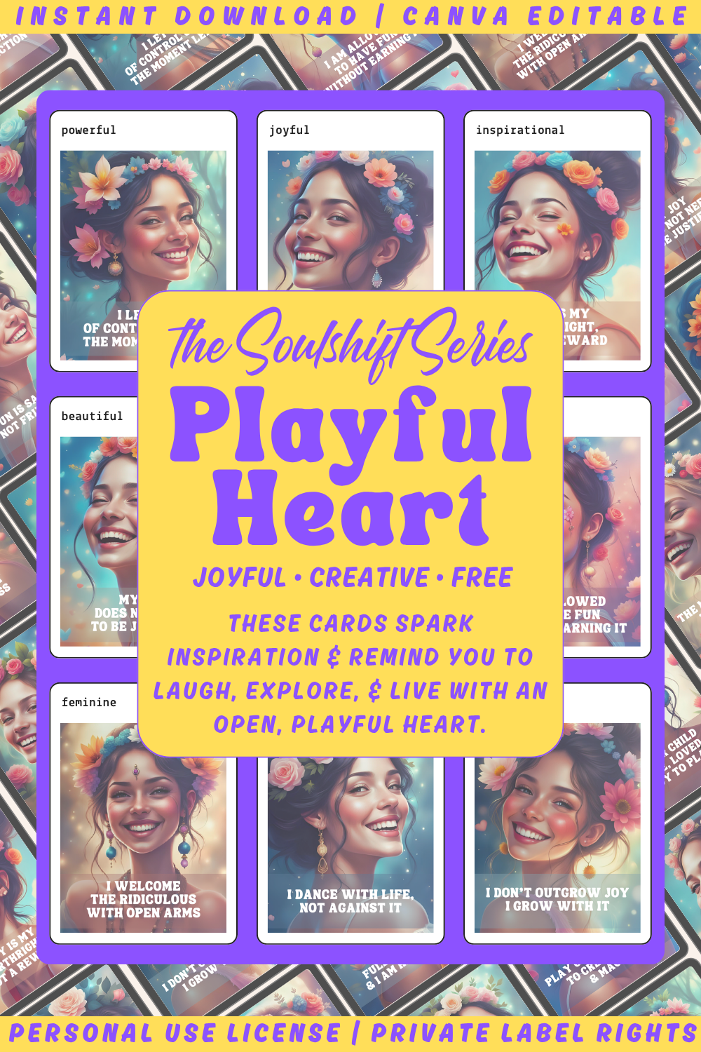 Promotional graphic for the affirmation card deck "Playful Heart" of the collection "Soulshift". available in personal use license and private label rights. collage with previews of the affirmation cards. 