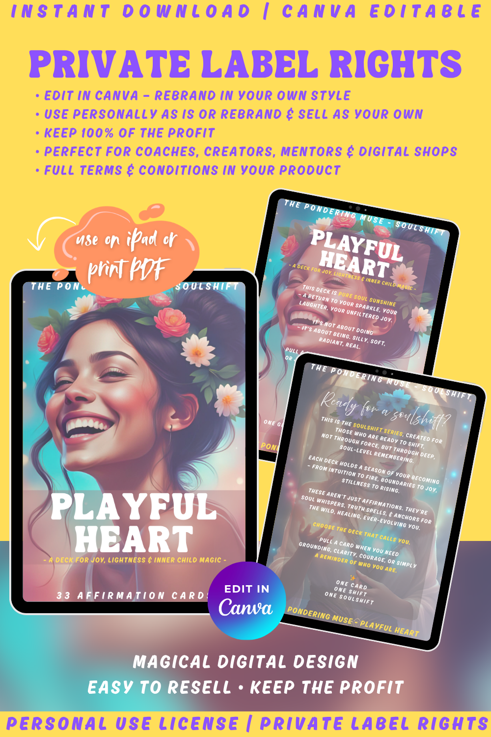 Promotional graphic for the affirmation card deck "Playful Heart" of the collection "Soulshift". available in personal use license and private label rights. 