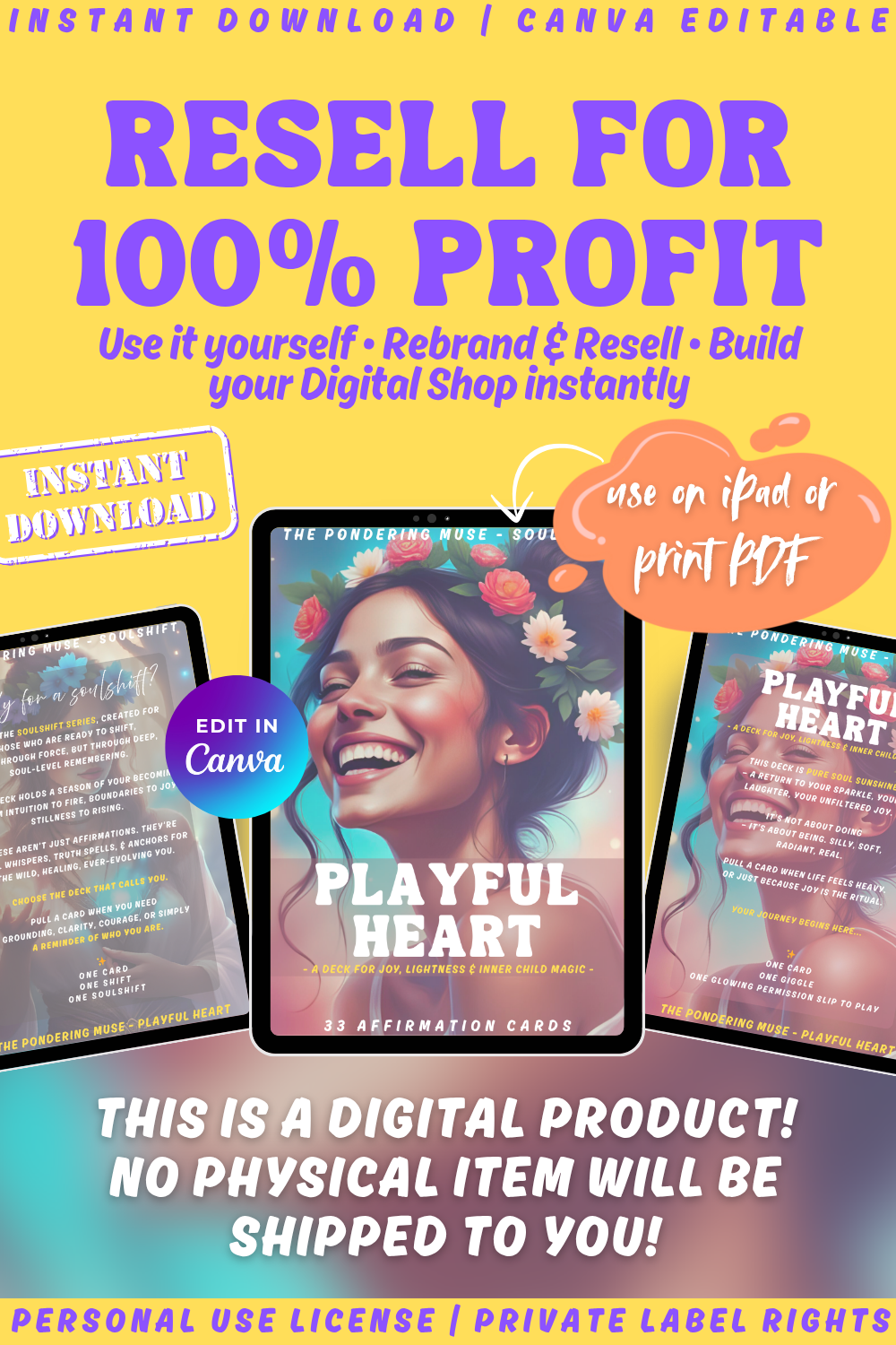 Promotional graphic for the affirmation card deck "Playful Heart" of the collection "Soulshift". available in personal use license and private label rights. 