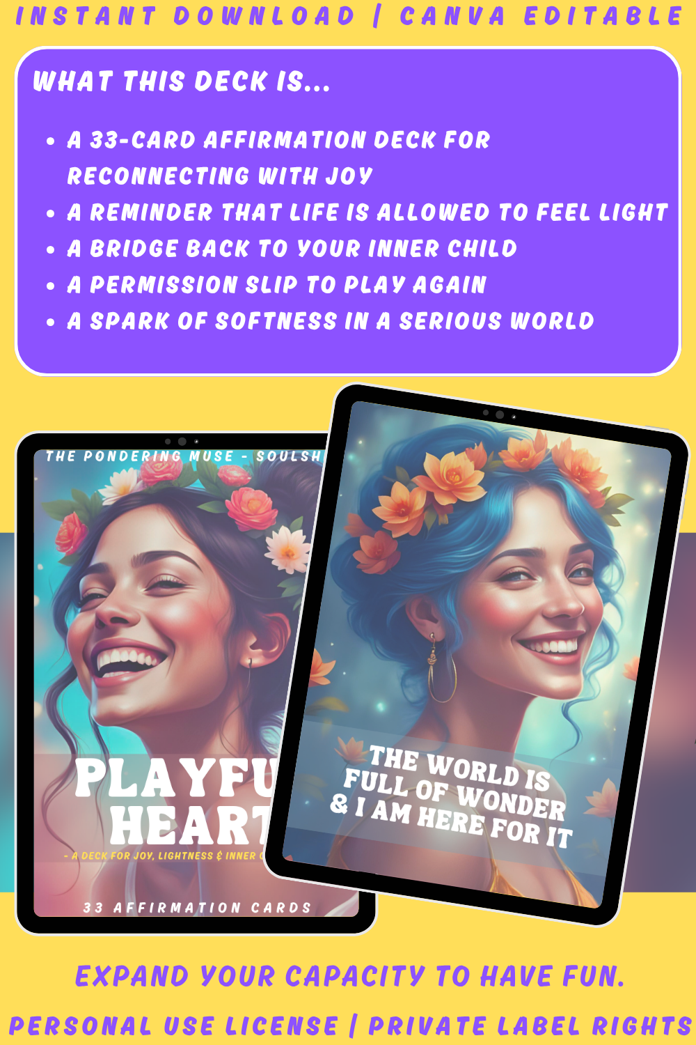Promotional graphic for the affirmation card deck "Playful Heart" of the collection "Soulshift". available in personal use license and private label rights. image explaining what this deck is. 