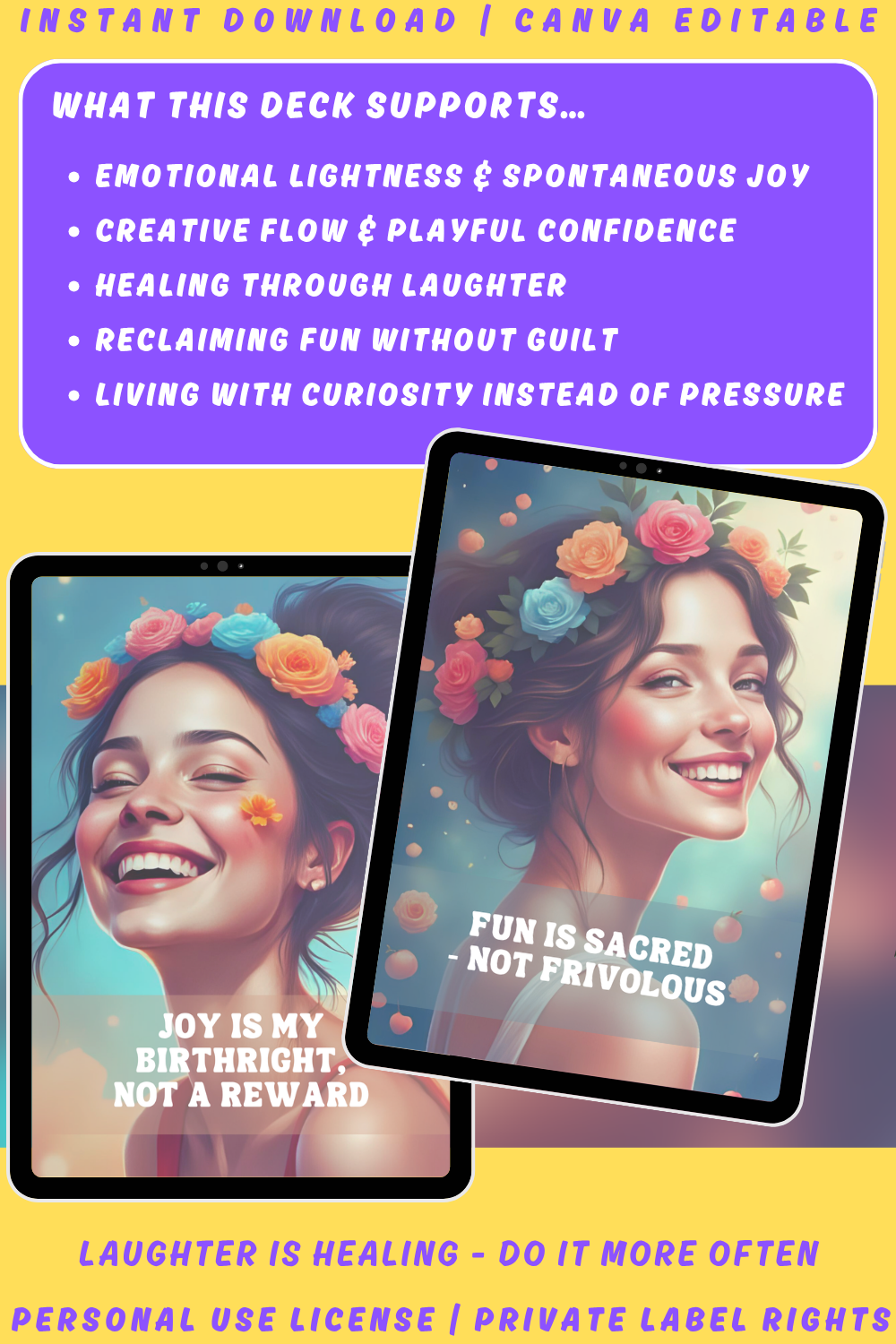 Promotional graphic for the affirmation card deck "Playful Heart" of the collection "Soulshift". available in personal use license and private label rights. image explaining what this deck supports. 
