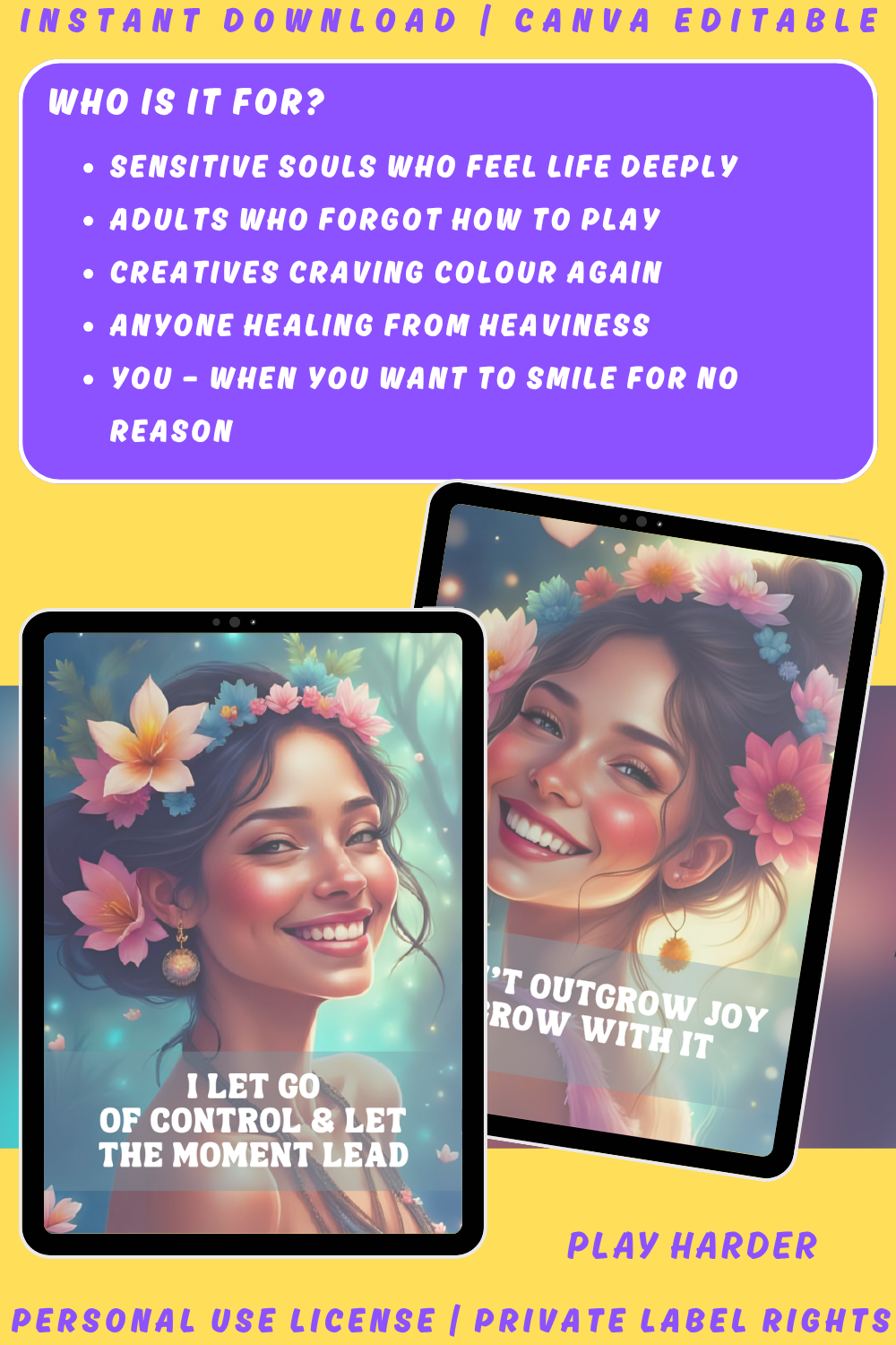 Promotional graphic for the affirmation card deck "Playful Heart" of the collection "Soulshift". available in personal use license and private label rights. image explaining who this deck is for .