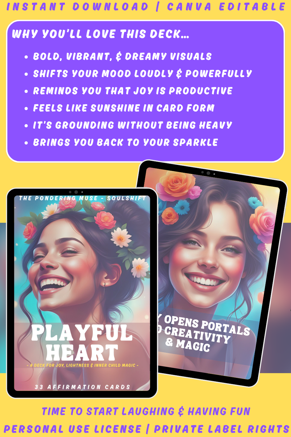 Promotional graphic for the affirmation card deck "Playful Heart" of the collection "Soulshift". available in personal use license and private label rights. image explaining why you'll love this deck. 