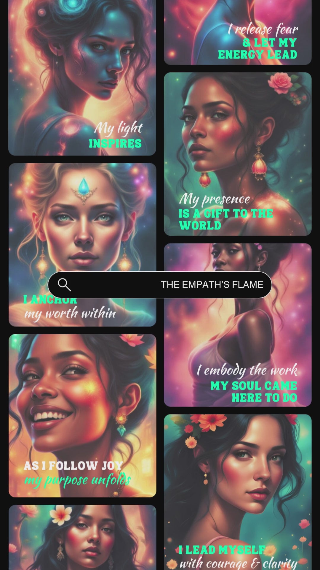 Video showcasing previews of the empath's flame affirmation cards.