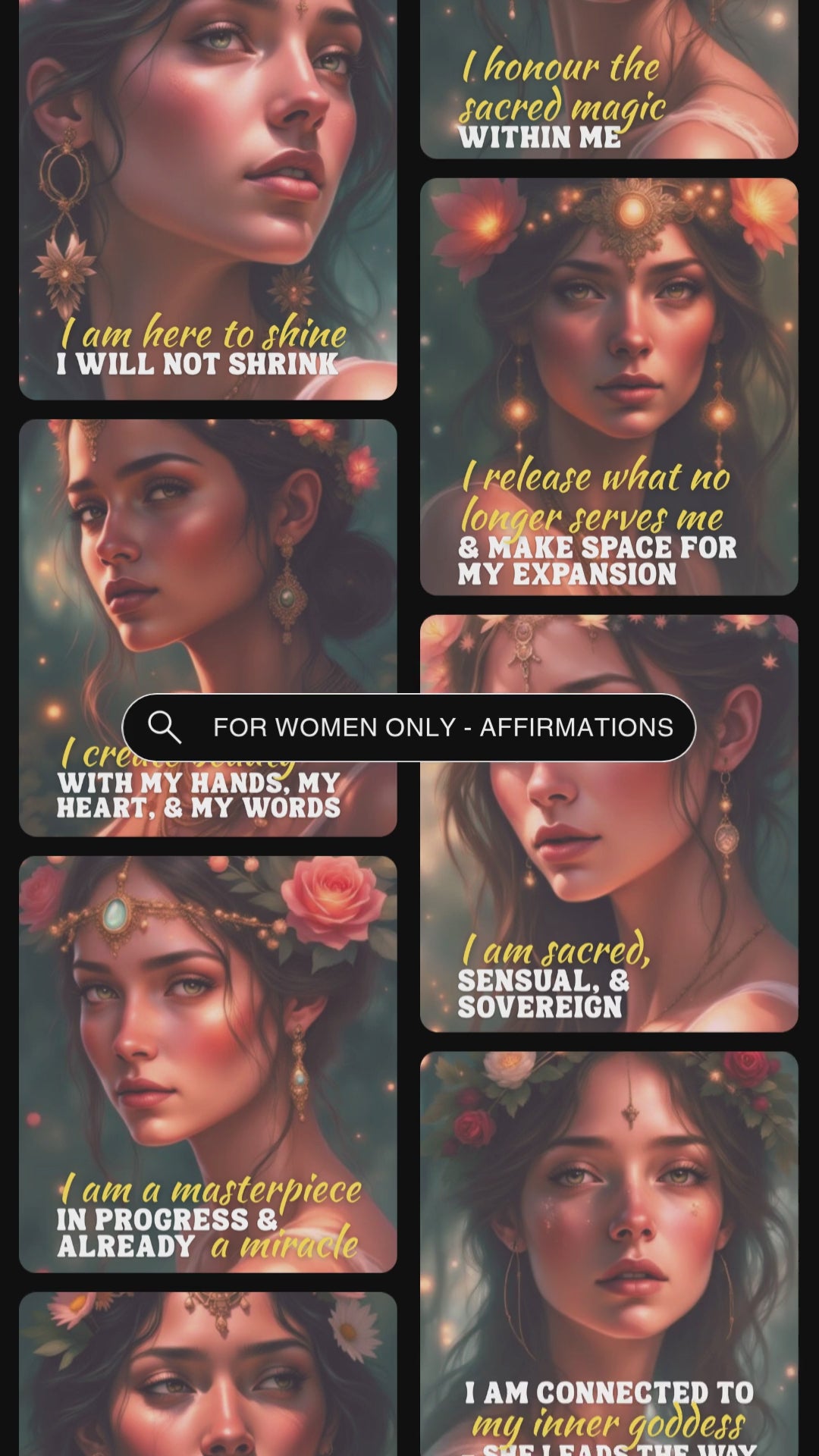 Video showcasing previews of the affirmation cards in the deck "For women only - muse cards - to realise your magic" For the divine feminine within.