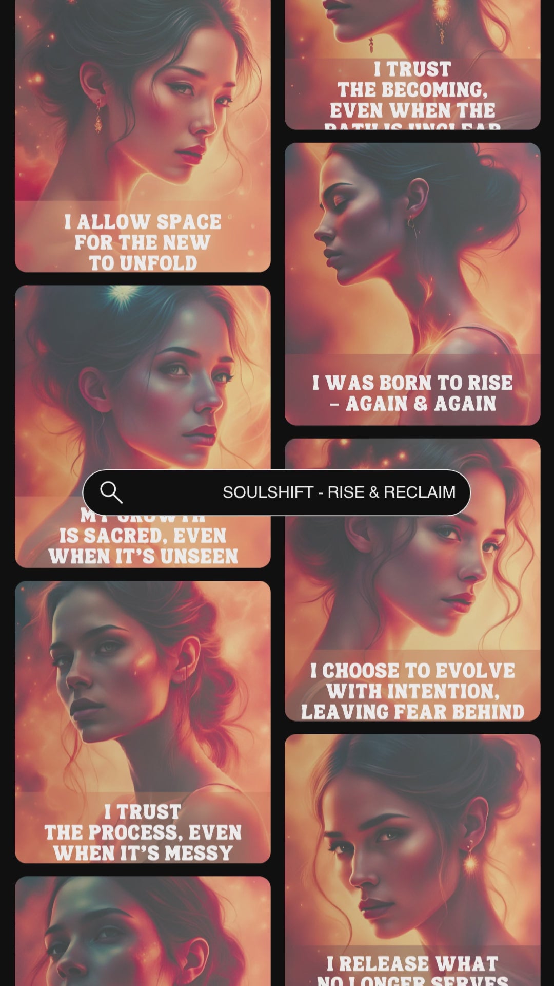 Video showcasing previews of "Rise & Reclaim" affirmation cards. 