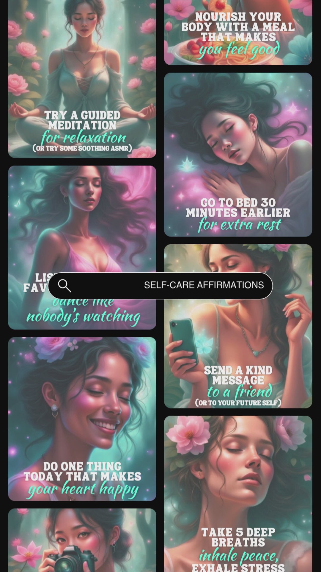Video showcasing previews of the affirmation card deck "Self-Care affirmations for women"