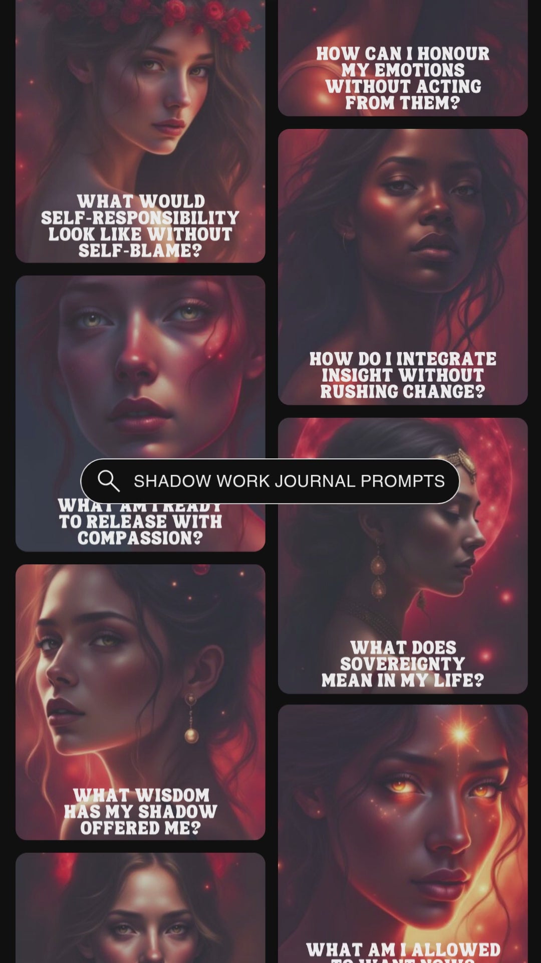 Video showcasing previews of the cards from the journal prompts card deck Into the shadow - integration, reclaiming and sovereignty. 