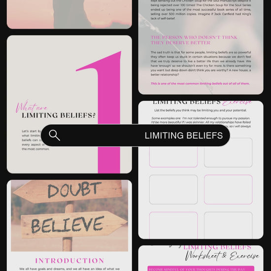 Video showcasing previews of the ebook and workbook "limiting beliefs - how to stop telling yourself lies"