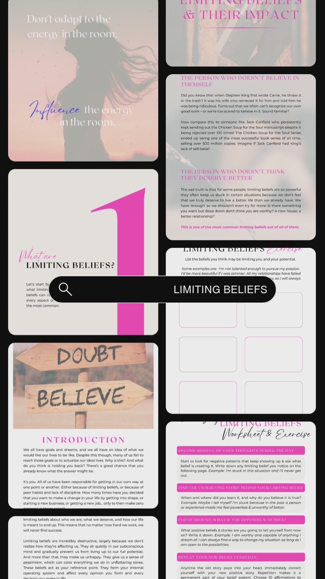 Video showcasing previews of the ebook and workbook "limiting beliefs - how to stop telling yourself lies"