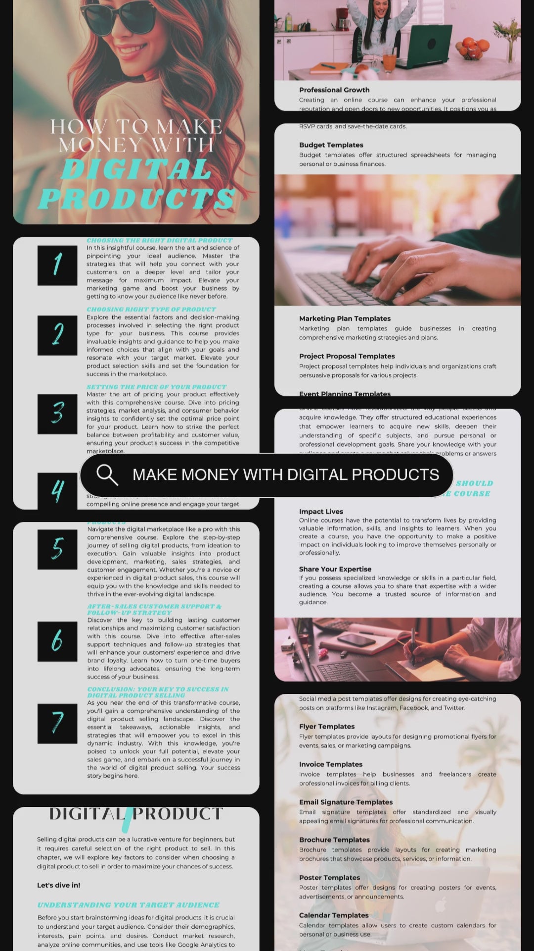 Video showing previews of the guide "HOw to make money with digital products". A beginner's guide to online income. 