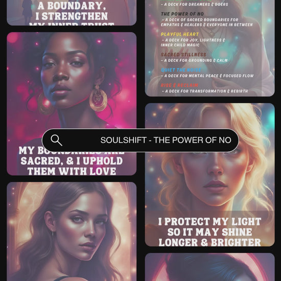 Video showcasing previews of the affirmation card deck "The Power of No" from the Soulshift collection. Available in personal use license and private label rights. 