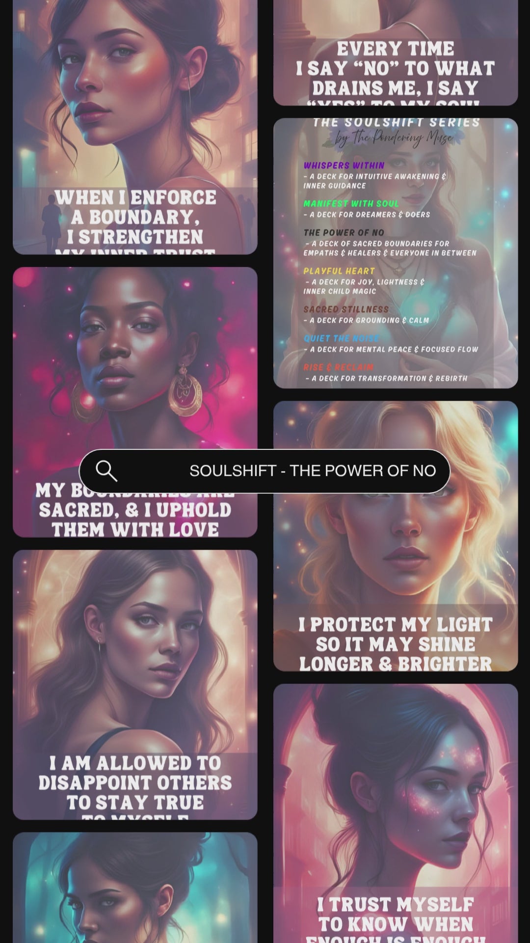 Video showcasing previews of the affirmation card deck "The Power of No" from the Soulshift collection. Available in personal use license and private label rights. 