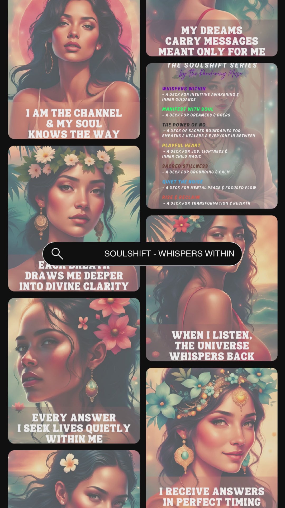 Video showcasing previews of the affirmation cards from the deck "Whispers Within" of the collection "Soulshift".  available in personal use license and private label rights. 