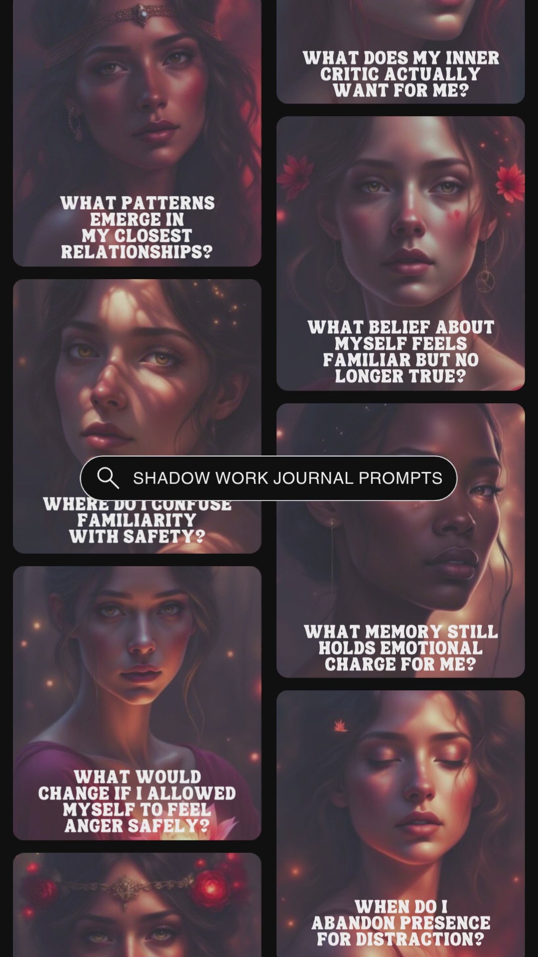 Vide showcasing previews of the cards in the journal prompts deck "into the shadow - awareness & inner reflection"