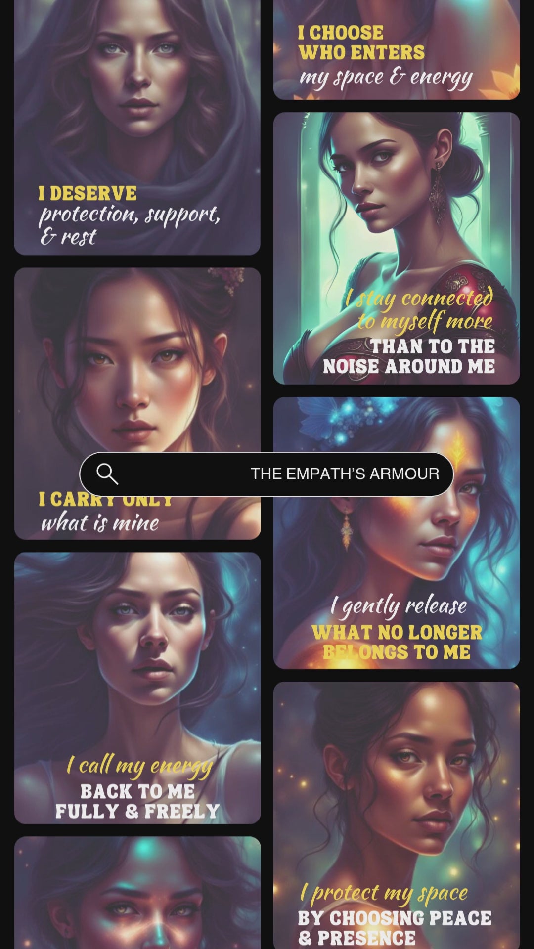 Video showcasing previews of the cards from the affirmation deck The empath's armour from the collection empath rising.