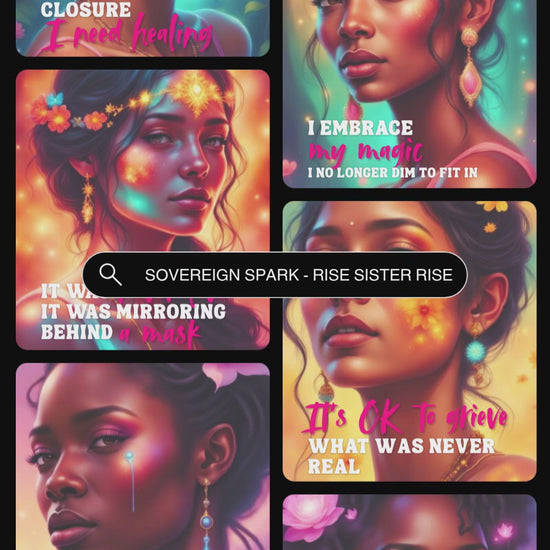 Video showcasing previews of the affirmation cards "Sovereign spark - rise sister rise" about narcissistic abuse recovery.