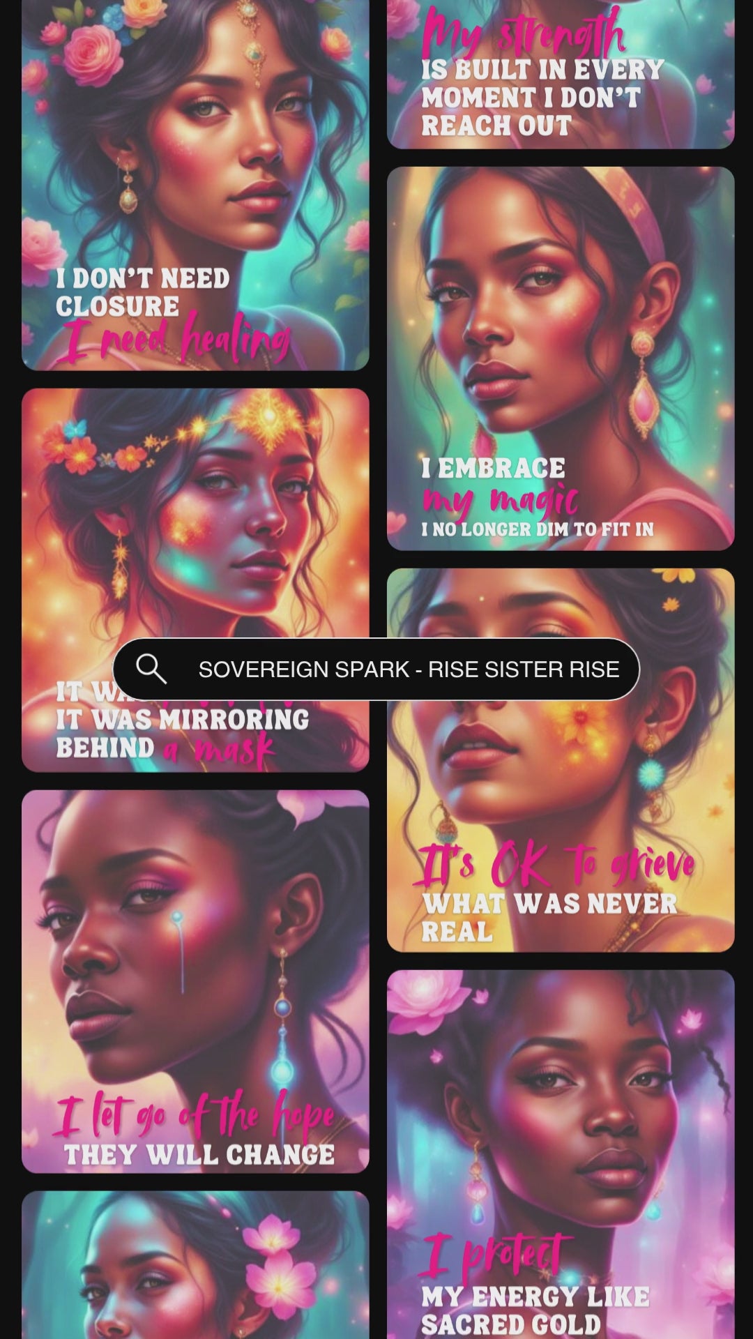 Video showcasing previews of the affirmation cards "Sovereign spark - rise sister rise" about narcissistic abuse recovery.