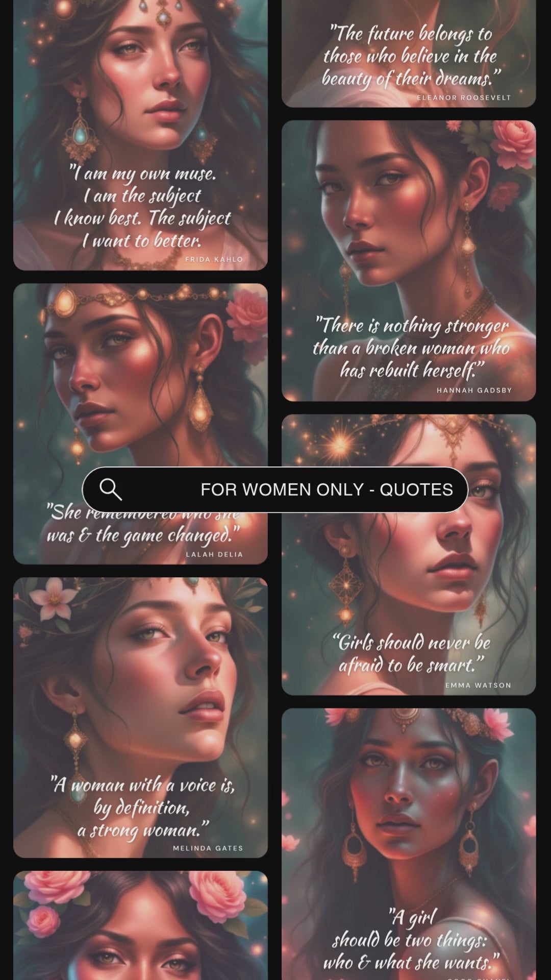 video showcasing previews of the quotes cards from the affirmation deck "For women only - quotes to realise your worth". 
