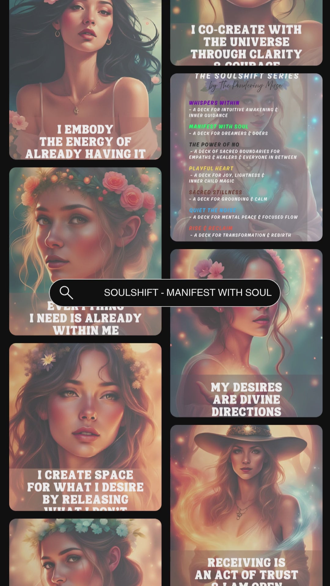 video showcasing previews of the affirmation cards from the Manifest with soul deck. A part of the soulshift collection.