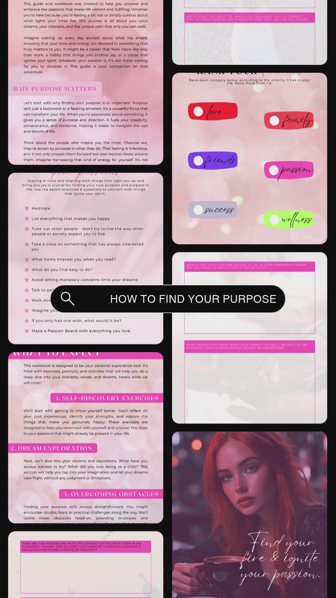 Video showcasing previews of the guide "How to find your purpose". 