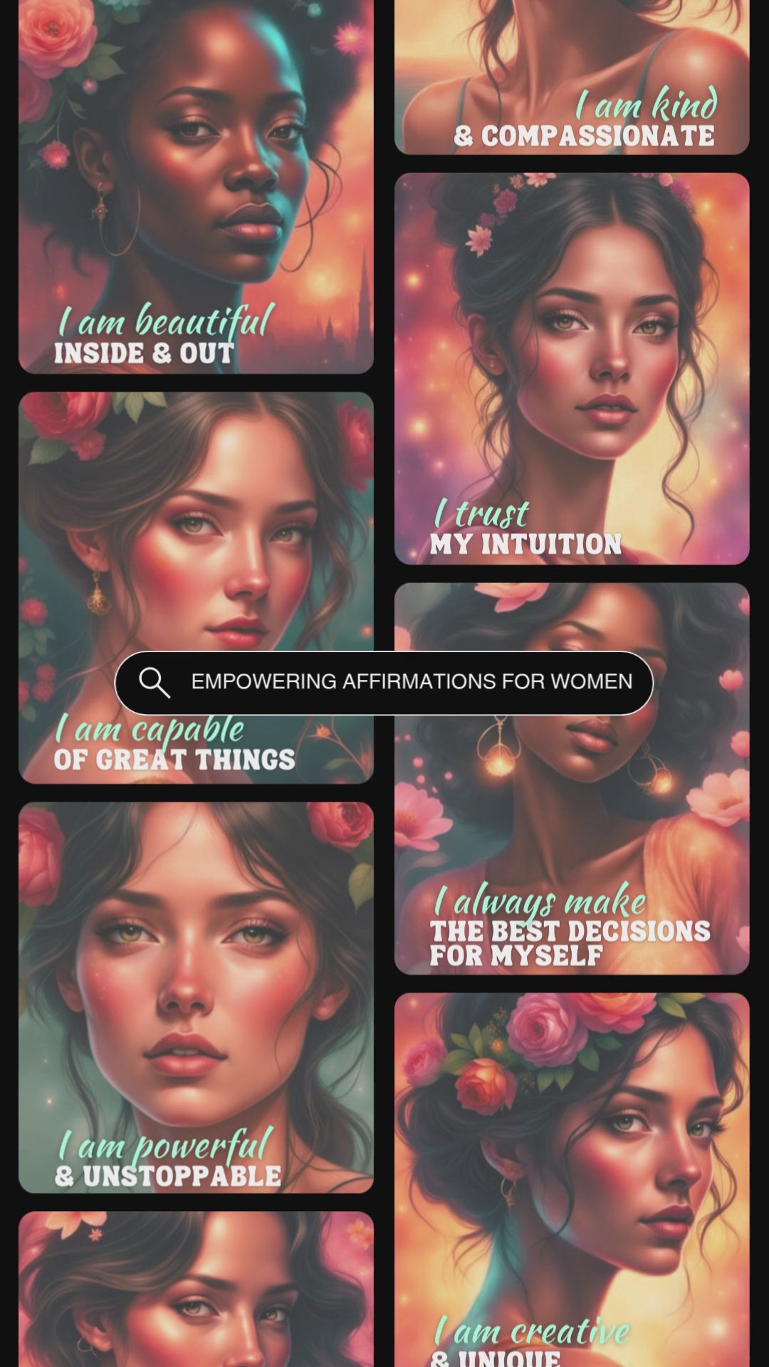 Video showcasing previews of the affirmation card deck "Empowering affirmations for Women". 