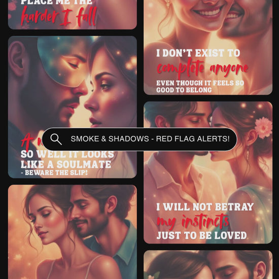 Video showcasing previews of the cards from the affirmation card deck "Smoke & Shadows - Red flag alerts!" from the series "No more narc magic" a narcissistic abuse recovery tool.