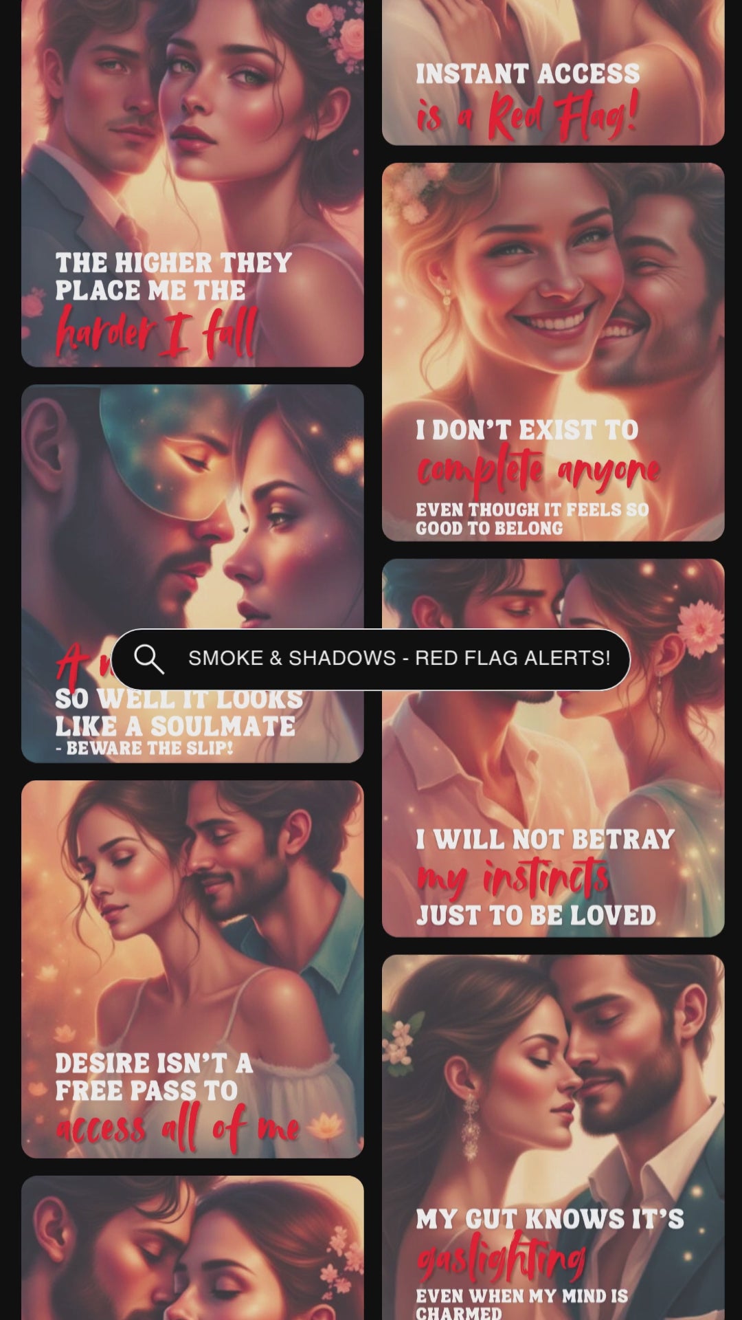 Video showcasing previews of the cards from the affirmation card deck "Smoke & Shadows - Red flag alerts!" from the series "No more narc magic" a narcissistic abuse recovery tool.