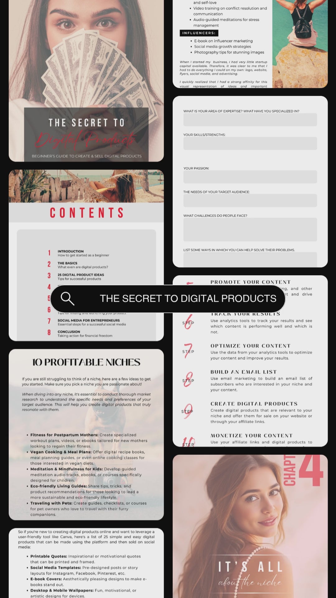 Video displaying previews of the guide "The secret to digital products". Beginner's guide. Available in personal use license and master resell rights. 