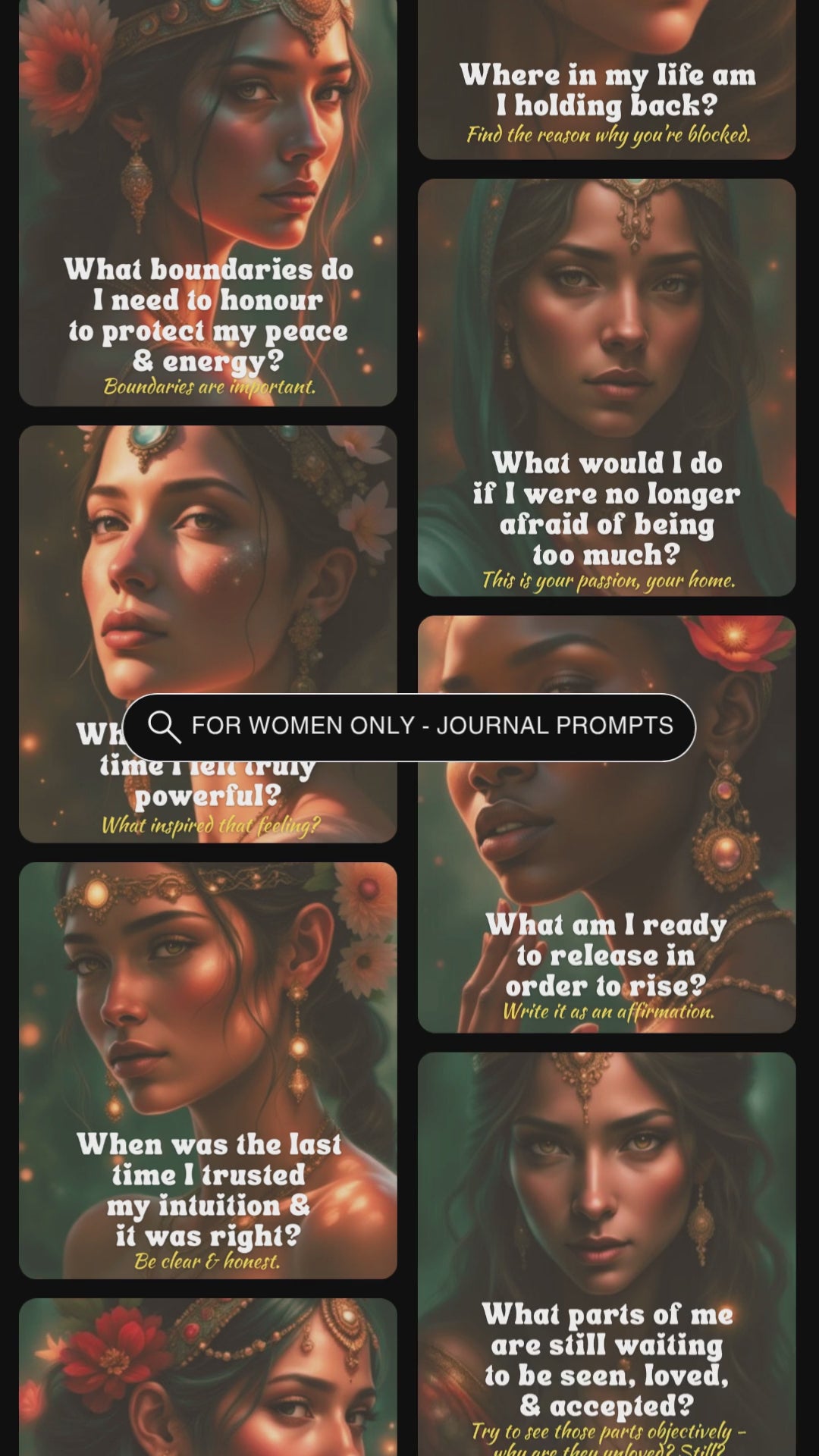 Video showcasing previews of the journal prompts cards in the deck "For women only - journal prompts - to realise your strength"